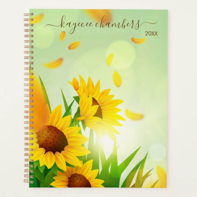 Elegant Personalised Sunflowers On Green Custom Planner (Front)