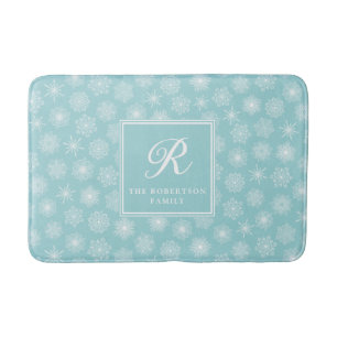 Elegant Personalised Teal Blue Snowflakes Coastal Bath Mat
