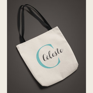 Elegant Personalised Teal Initial Name  Tote Bag