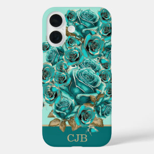 Elegant Personalised Vintage Teal Rose iPhone 16 Case