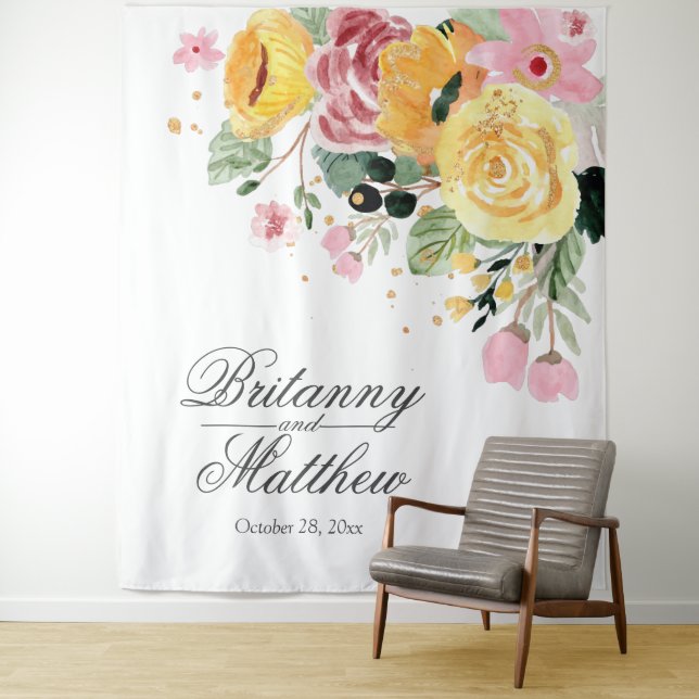 Elegant Personalised Watercolor Floral Wedding Tapestry (In Situ)