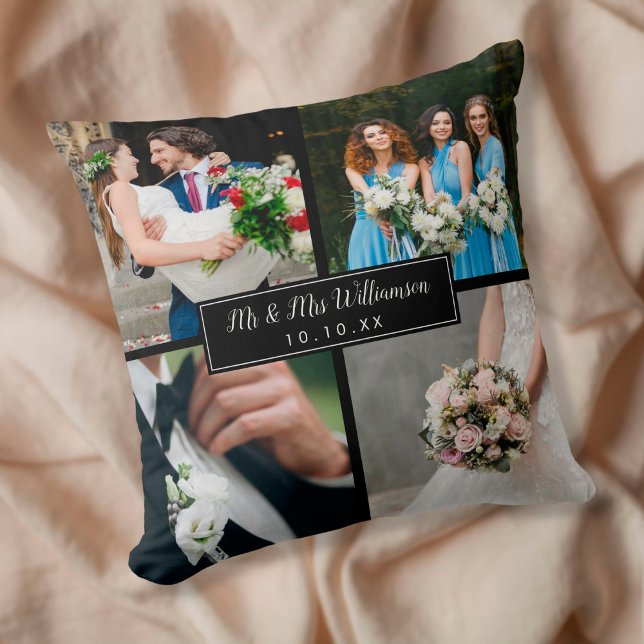 Elegant Personalised Wedding Day Photo Collage Cushion (Creator Uploaded)