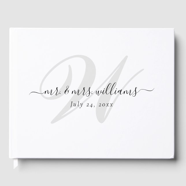 Elegant Personalised White Black Monogram Wedding  Guest Book (Front)