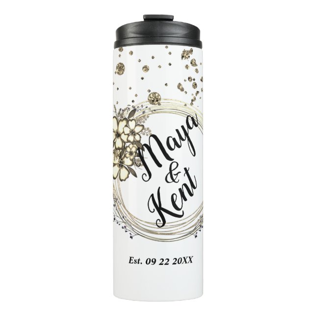 Elegant Personalised Wreath Floral Glitter Wedding Thermal Tumbler (Front)