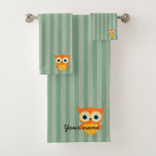 Elegant personalised yellow owl green lines kids bath towel set