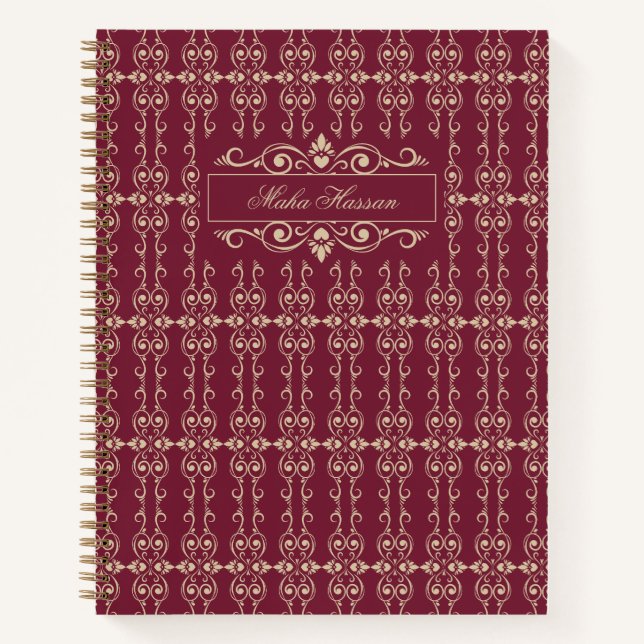 Elegant Personalized Burgundy & Gold Floral Swirl  Notebook (Front)