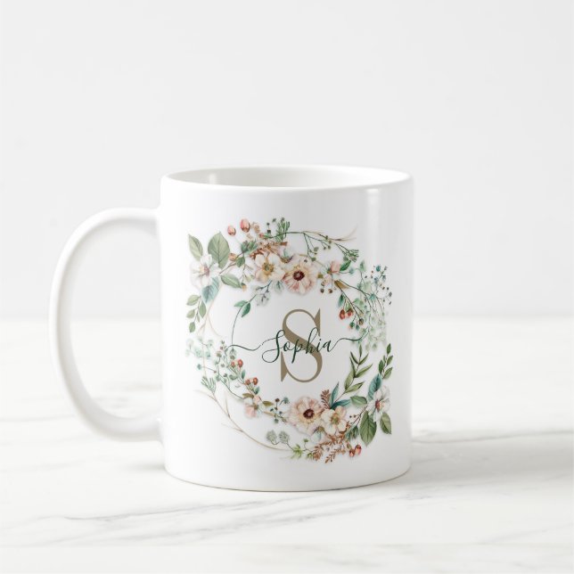 Elegant Personalized Floral Monogram Name Gift Coffee Mug (Left)