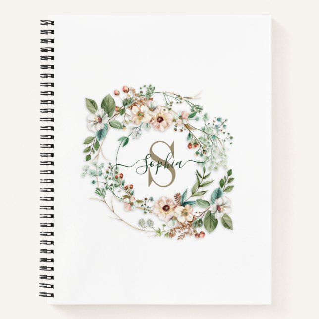 Elegant Personalized Floral Monogram Name Notebook (Front)