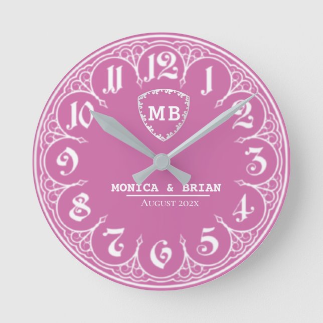 Elegant Personalized Monogram Perfect Gift pink Round Clock (Front)