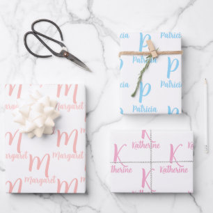 Elegant Personalized Name, Monogram Pink and Blue Wrapping Paper Sheet