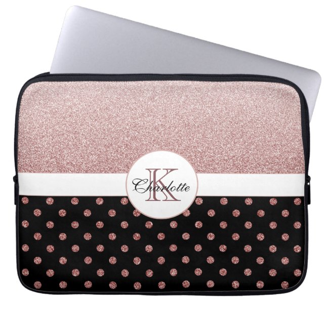 Elegant Personalized Rose Gold Glitter Monogram Laptop Sleeve (Front)