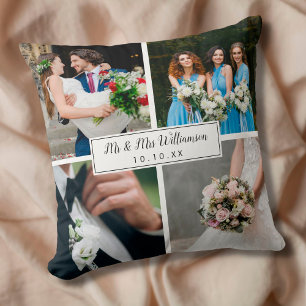 Elegant Personalized Wedding Day Photo Collage Cushion