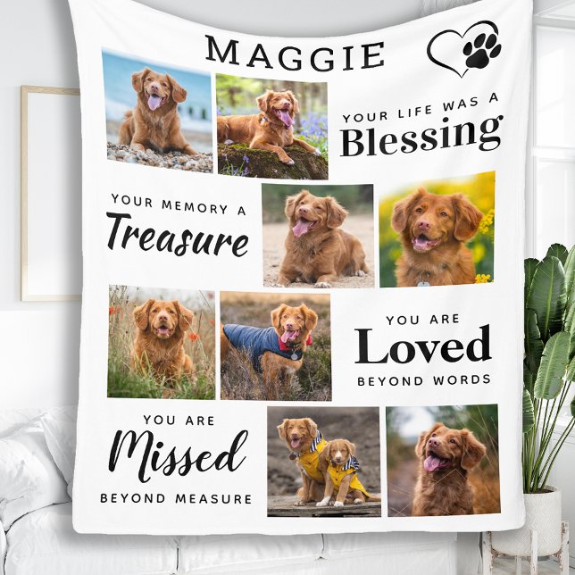 Elegant Pet Memorial Personalised 8 Photo Collage Fleece Blanket (Creator Uploaded)