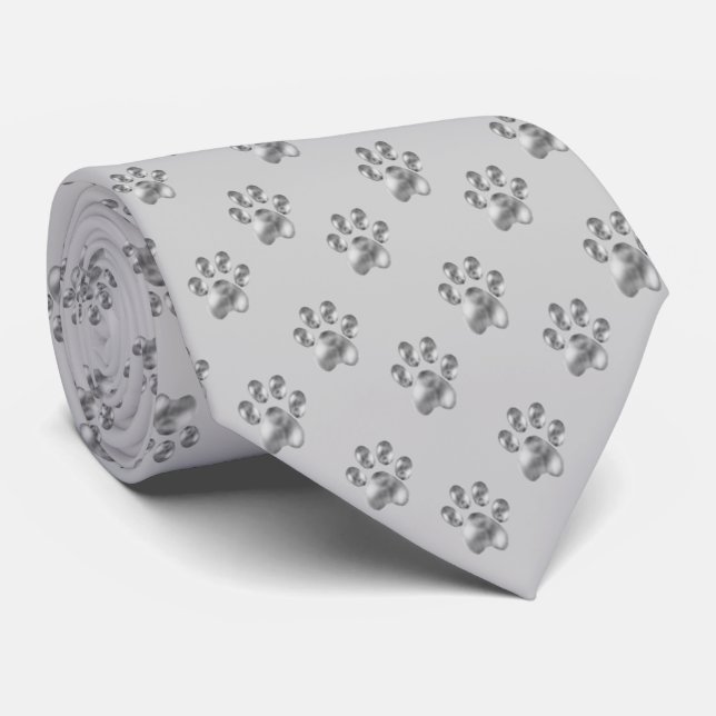 Elegant pet paw pattern on silver colour tie (Rolled)
