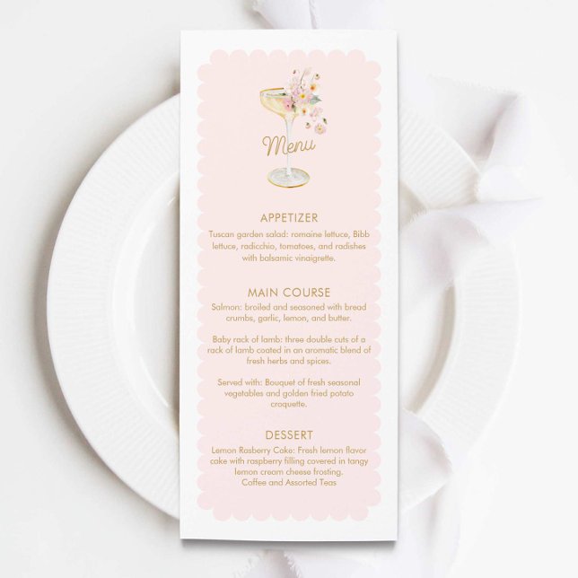 Elegant Petals and Prosecco Bridal Shower Menu (Pink Petals and Prosecco Menu Card)