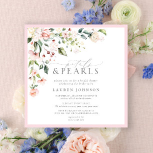 Elegant Petals & Pearls Pink Floral Bridal Shower Invitation