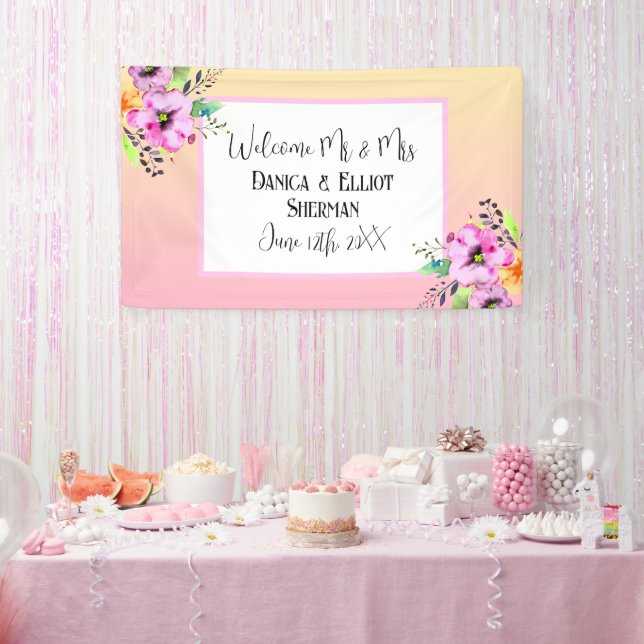 Elegant Petunias Floral Wedding Welcome Mr and Mrs Banner (Party)