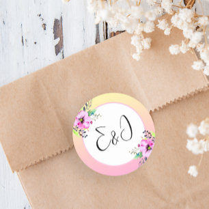 Elegant Petunias Floral Yellow and Pink Initials Classic Round Sticker
