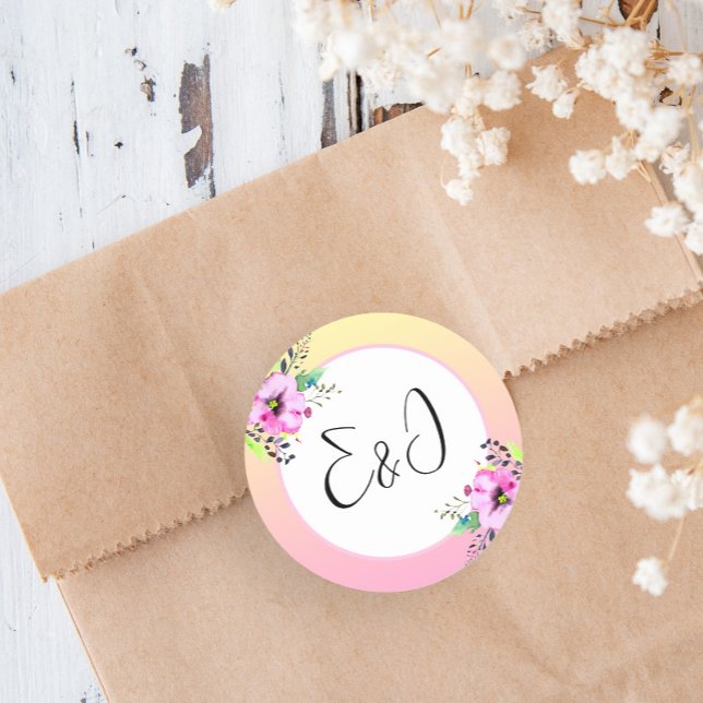 Elegant Petunias Floral Yellow and Pink Initials Classic Round Sticker (Creator Uploaded)