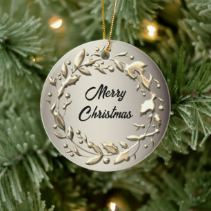 Elegant Pewter and Pale Gold Christmas Wreath Ceramic Ornament