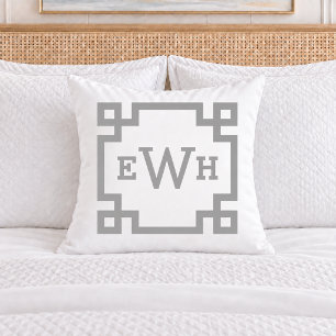 Elegant Pewter Grey Greek Key Monogram Initial Cushion