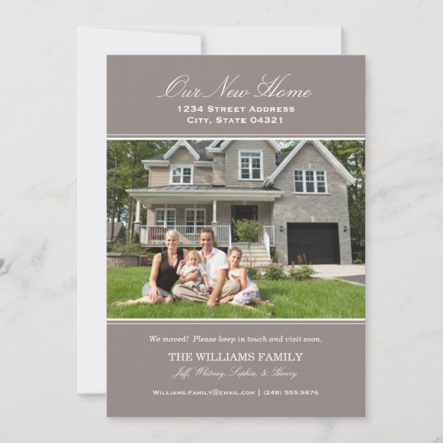 Elegant Pewter Grey Our New Home Photo Moving Announcement (Front)