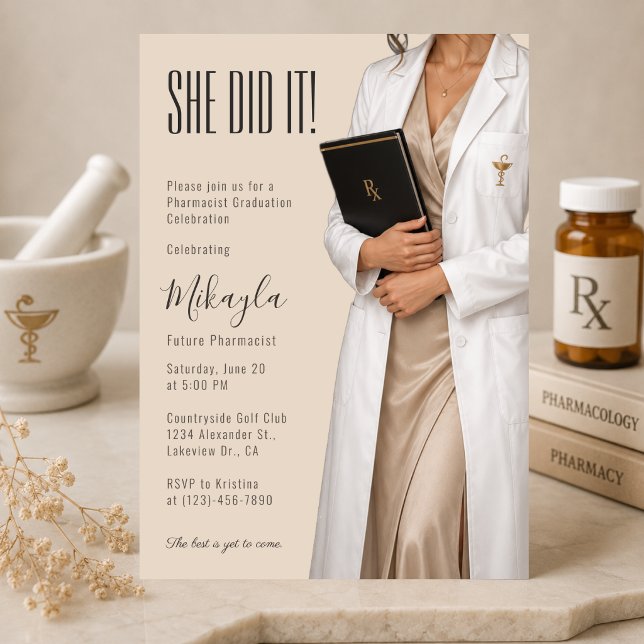 Elegant Pharmacist Graduation Invitation (Elegant pharmacist graduation invitation with luxury pharmacy-inspired editorial style.)