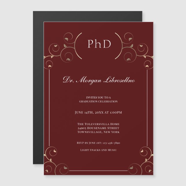 Elegant PhD Gold Burgundy Graduation Magnetic Invitation (Front/Back)