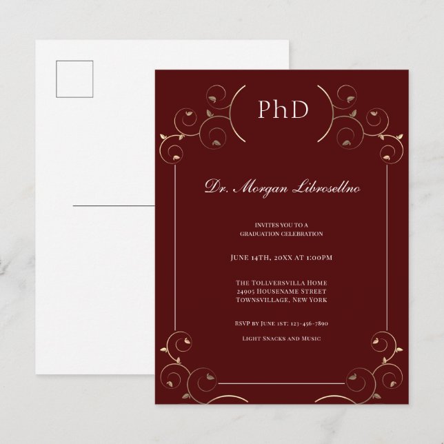 Elegant PhD Gold Burgundy Invitation Postcard (Front/Back)