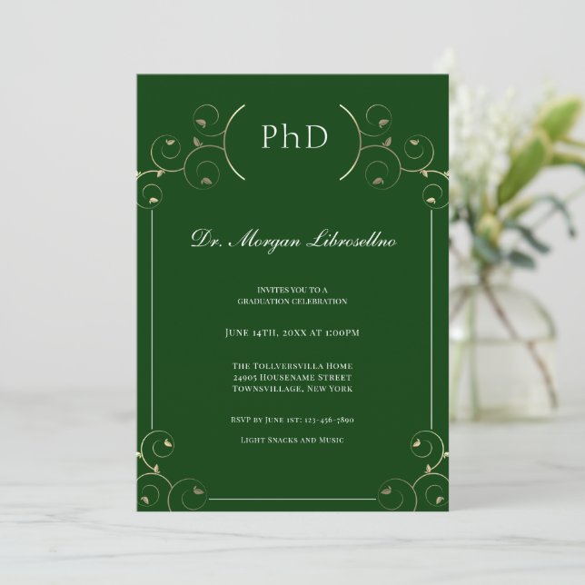 Elegant PhD Gold Green Graduation Invitation (Standing Front)