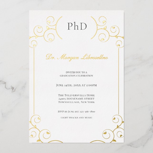 Elegant PhD Gold Grey White Graduation Party Foil  (Front)