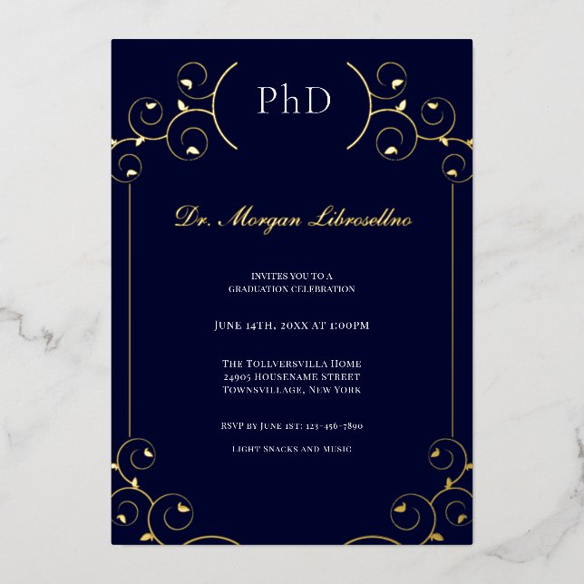 Elegant PhD Gold White Blue Graduation Party (Front)