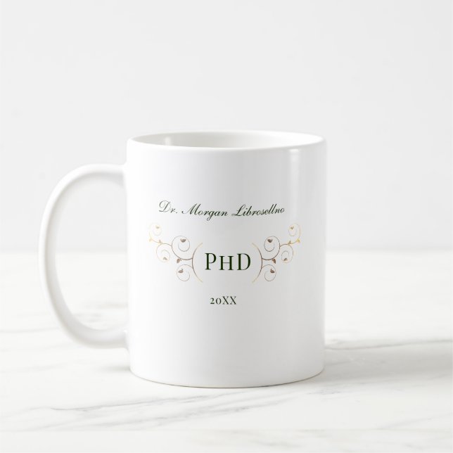 Elegant PhD Green Gold Graduation Coffee Mug (Left)