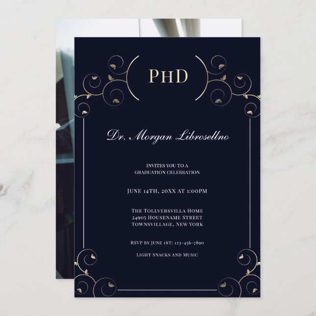 Elegant PhD Photo Gold Blue Graduation Party Invitation (Front/Back)