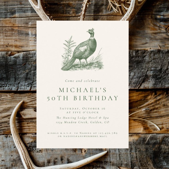 Elegant Pheasant Hunting Green Adult Birthday Invitation (Creator Uploaded)