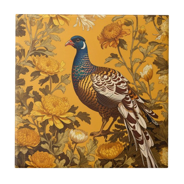 Elegant Pheasant William Morris Inspired Ceramic Tile (Front)