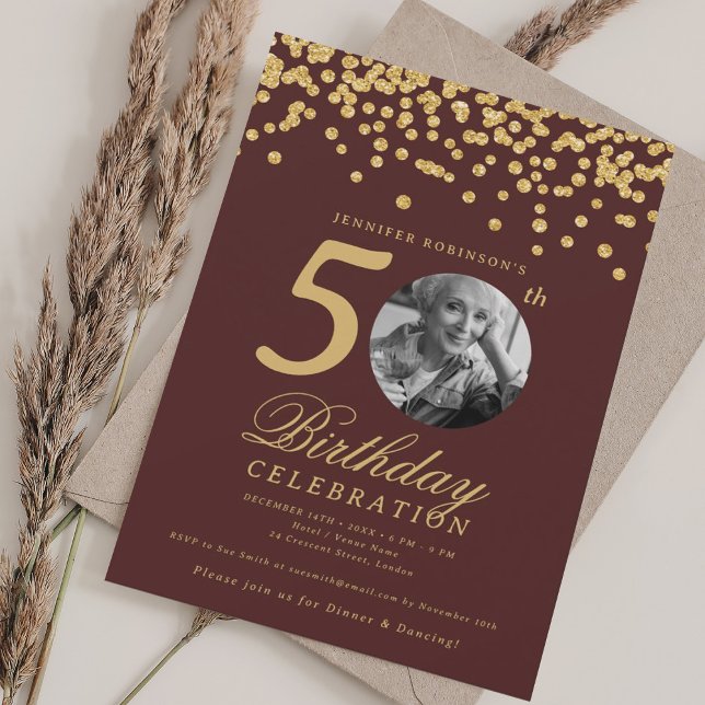 Elegant Photo 50th Birthday Gold Confetti Burgundy Invitation (Elegant Photo 50th Birthday Gold Confetti Burgundy Invitation)