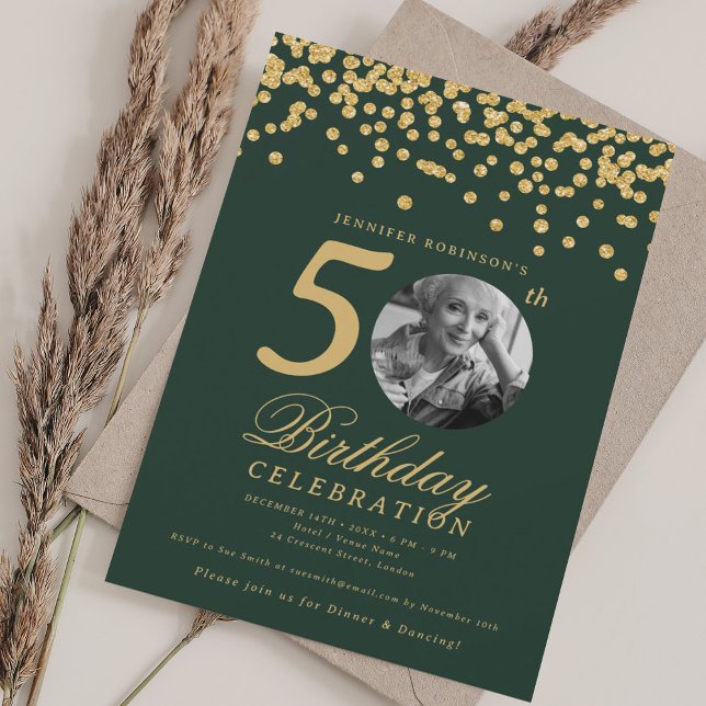 Elegant Photo 50th Birthday Gold Confetti Green Invitation (Elegant Photo 50th Birthday Gold Confetti Green Invitation)