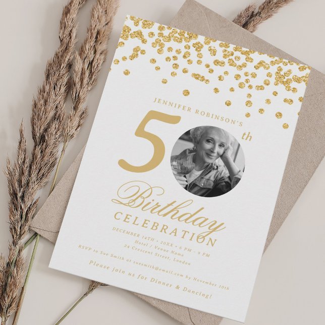 Elegant Photo 50th Birthday Gold Confetti Invitation (Elegant Photo 50th Birthday Gold Confetti Invitation)