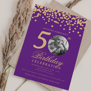 Elegant Photo 50th Birthday Gold Confetti Purple  Invitation