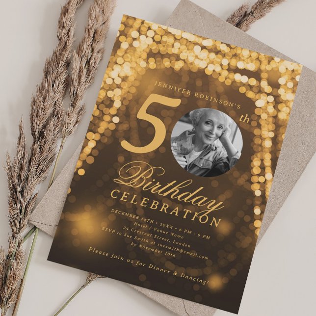 Elegant Photo 50th Birthday Gold Glam Lights Invitation (Elegant Photo 50th Birthday Gold Glam Lights Invitation)