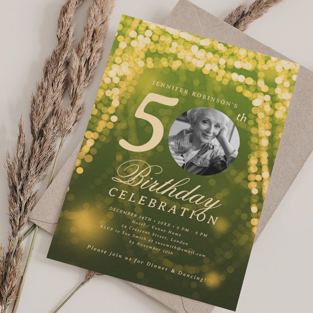 Elegant Photo 50th Birthday Gold Green Glam Lights Invitation (Elegant Photo 50th Birthday Gold Green Glam Lights Invitation)