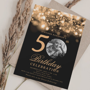 Elegant Photo 50th Birthday Gold Midnight Glam  Invitation