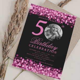 Elegant Photo 50th Birthday Party Hot Pink Lights Invitation