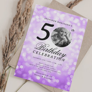 Elegant Photo 50th Birthday Party Purple Bokeh Invitation