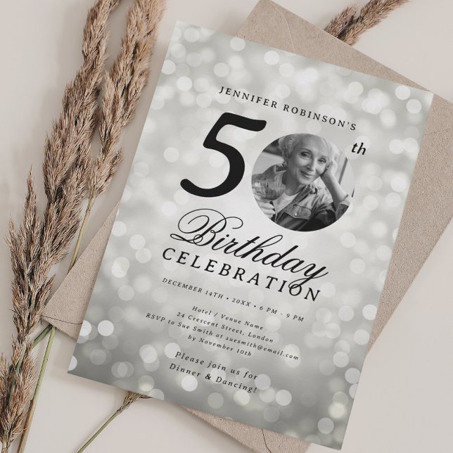 Elegant Photo 50th Birthday Party Silver Bokeh Invitation (Elegant Photo 50th Birthday Party Silver Bokeh Invitation)