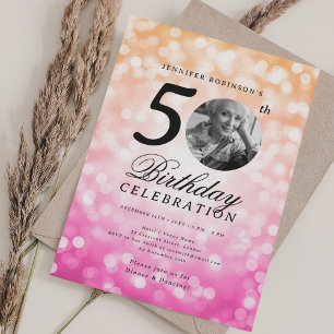 Elegant Photo 50th Birthday Pink Orange Ombre Invitation