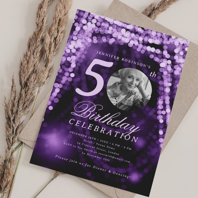 Elegant Photo 50th Birthday Purple Glam Lights Invitation (Elegant Photo 50th Birthday Purple Glam Lights Invitation)