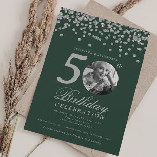 Elegant Photo 50th Birthday Silver Confetti Green Invitation