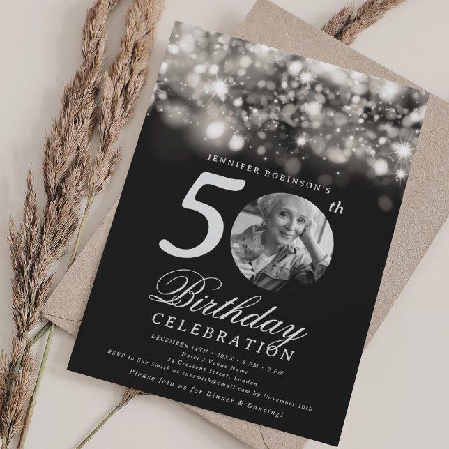 Elegant Photo 50th Birthday Silver Midnight Glam  Invitation (Elegant Photo 50th Birthday Silver Midnight Glam Invitation)